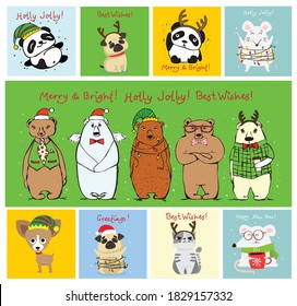 Ilustración vectorial de gatos de navidad, osos, ratas y perros con saludos de Navidad y Año Nuevo. Mascotas ricas con sombreros y regalos de vacaciones.