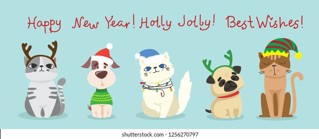 Vector illustration of christmas cats and dogs with  Christmas and new year greetings. Cute pets with holiday hats