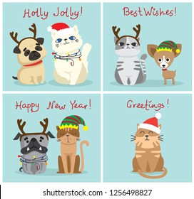 Vector illustration of christmas cats and dogs with Christmas and new year greetings. Cute pets with holiday hats 
