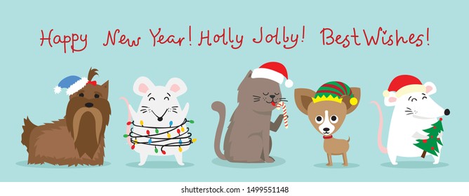 Vector illustration of christmas cats and dogs with Christmas and new year greetings. Cute pets with holiday hats