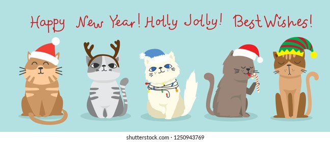 Vector illustration of christmas cats and Christmas and new year greetings. Cute cats with  holiday hats