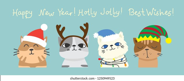 Vector illustration of christmas cats and Christmas and New year greetings. Cute cats with  holiday hats