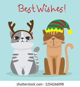 Vector illustration of christmas cats and Christmas and New year greetings. Cute cats with holiday hats