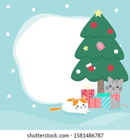 Vector illustration of christmas cats for christmas or new year greetings 2020.Design cute cats with christmas tree , gift boxs,pastel dot background.Cute animal cartoon style.