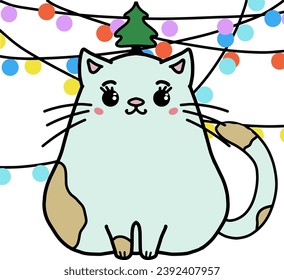ilustración vectorial de gatos de Navidad en el fondo de unas bellas bolas de decoración coloreadas. Puede usar un afiche, una pegatina, un paquete de pegatinas, cuadernos.