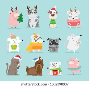 Vector Illustration Of Christmas Cats, Pigs, Rats And Dogs With Christmas And New Year Greetings. Cute Pets With Holiday Hats And Presents.