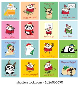 Vector illustration of christmas cats, pigs, rats and dogs with Christmas and new year greetings. Cute pets with holiday hats and presents.