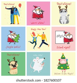 Vector illustration of christmas cats, pigs, rats and dogs with Christmas and new year greetings. Cute pets with holiday hats and presents.