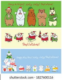 Vector illustration of christmas cats, pigs, rats and dogs with Christmas and new year greetings. Cute pets with holiday hats and presents.