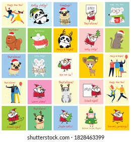 Vector illustration of christmas cats, pigs, rats and dogs with Christmas and new year greetings. Cute pets with holiday hats and presents.
