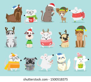 Vector illustration of christmas cats, rats and dogs with Christmas and new year greetings. Cute pets with holiday hats and presents.