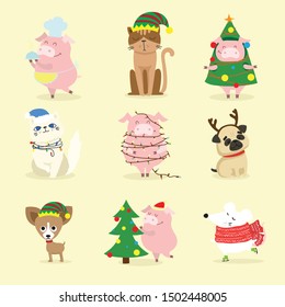 Vector illustration of christmas cats, rats and dogs with Christmas and new year greetings. Cute pets with holiday hats and presents.