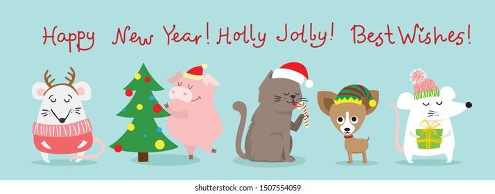 Vector illustration of christmas cats, rats and dogs with Christmas and new year greetings. Cute pets with holiday hats