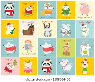 Vector illustration of christmas cats, rats and dogs with Christmas and new year greetings. Cute pets with holiday hats