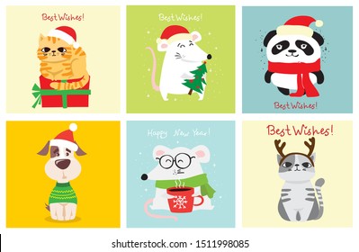 Vector illustration of christmas cats, rats, panda and dogs with Christmas and new year greetings. Cute pets with holiday hats