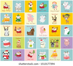 Vector illustration of christmas cats, rats and dogs with Christmas and new year greetings. Cute pets with holiday hats