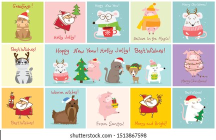 Vector illustration of christmas cats, rats and dogs with Christmas and new year greetings. Cute pets with holiday hats