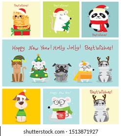 Vector illustration of christmas cats, rats and dogs with Christmas and new year greetings. Cute pets with holiday hats