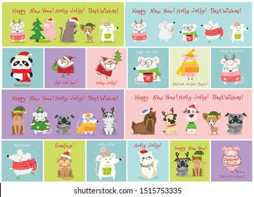 Vector illustration of christmas cats, rats and dogs with Christmas and new year greetings. Cute pets with holiday hats