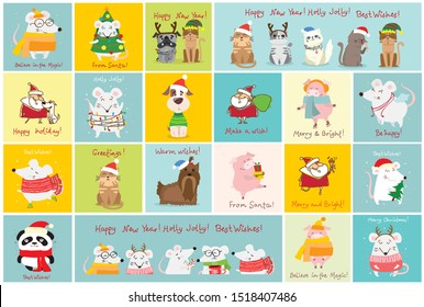 Vector illustration of christmas cats, rats and dogs with Christmas and new year greetings. Cute pets with holiday hats