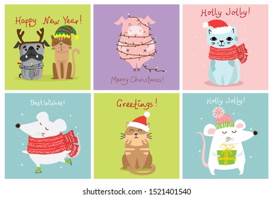 Vector illustration of christmas cats, rats and dogs with Christmas and new year greetings. Cute pets with holiday hats