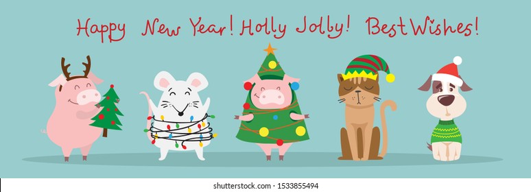 Vector illustration of christmas cats, rats and dogs with Christmas and new year greetings. Cute pets with holiday hats