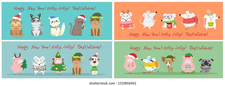 Vector illustration of christmas cats, rats and dogs with Christmas and new year greetings. Cute pets with holiday hats