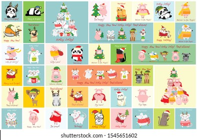 Vector illustration of christmas cats, rats, pigs and dogs with Christmas and new year greetings. Cute pets with holiday hats