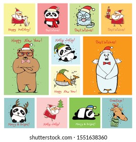 Vector illustration of christmas cats, rats, pigs and dogs with Christmas and new year greetings. Cute pets with holiday hats