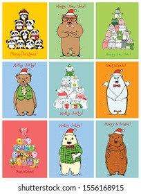 Vector illustration of Christmas cats, rats, pigs and dogs with Christmas and new year greetings. Cute pets with holiday hats
