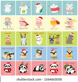 Vector illustration of Christmas cats, rats, pigs and dogs with Christmas and new year greetings. Cute pets with holiday hats