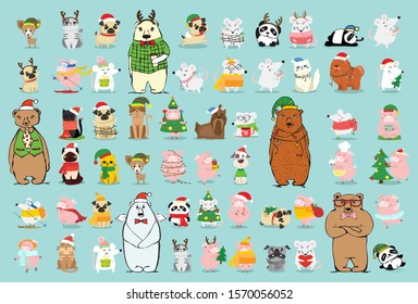 Vector illustration of Christmas cats, rats, pigs and dogs with Christmas and new year greetings. Cute pets with holiday hats