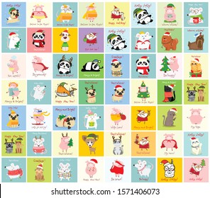 Vector illustration of Christmas cats, rats, pigs and dogs with Christmas and new year greetings. Cute pets with holiday hats