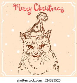 Vector illustration of christmas cat,text Merry Christmas on the background with abstract paper texture,retro frame.Letters,cute cat in Santa's hat  sketch.Linear art in vintage style for your design.