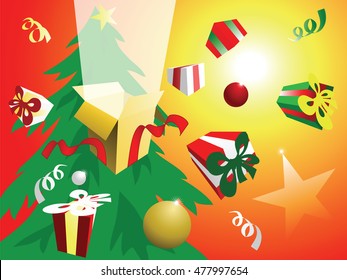 Vector illustration of Christmas celebration. Light and presents coming  out of an open box and gift boxes and xmas tree decoration flying around