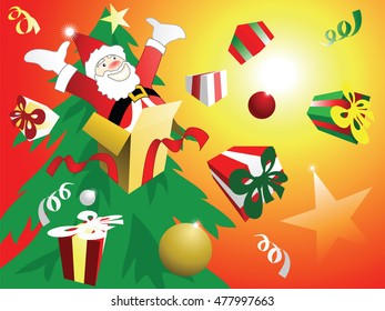 Vector illustration of Christmas celebration.Gift boxes and xmas tree decoration flying around, and Santa Claus jumping out of a box