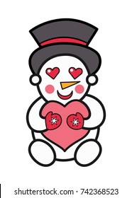 Vector illustration: the Christmas character Passionate Snowman with smiling face, cylinder hat, carrot nose and big heart in hugs for your Halloween design isolated on white background  