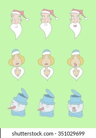 Vector illustration of christmas characters. Santa, Snow Maiden and Snowman with different emotions.