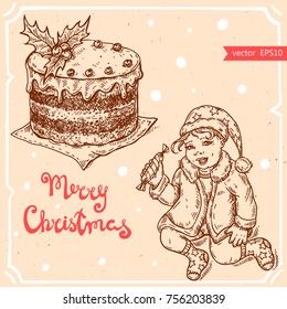 Vector illustration of christmas child with candy,christmas cake,text Merry Christmas on background with abstract paper texture.Kid in Santa's hat, cake with berries sketch.Linear art in vintage style