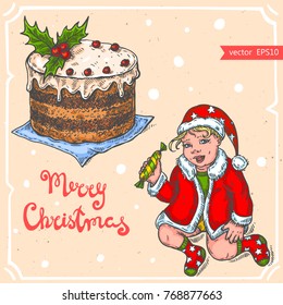 Vector illustration of christmas child with candy,christmas cake,text Merry Christmas on background with abstract paper texture.Kid in Santa's hat, cake with berries sketch.Linear art in vintage style