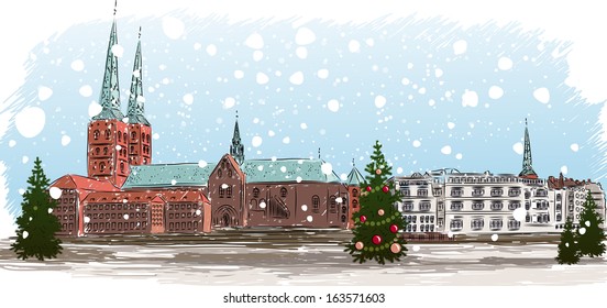 Vector illustration of Christmas city, Lubeck, Germany