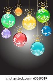 Vector illustration of Christmas color balls with ribbons hanging