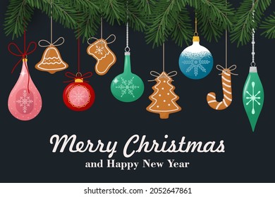 Vector illustration with Christmas composition of fir tree branches, berries, Christmas toys and gingerbread cookies