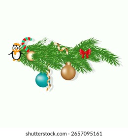Ilustración vectorial de una composición de Navidades con ramas de abeto, chucherías, cintas, bastón de caramelo, lazo rojo y pingüino de dibujos animados. Capa de fondo editable blanca