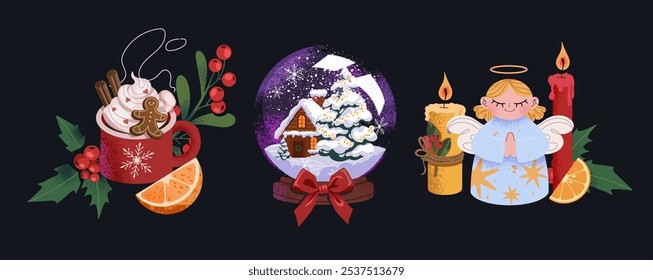 Vector illustration Christmas compositions set. Traditional xmas attributes. Hot chocolate with gingerbread, angel figurine and candles, winter ball and holly.