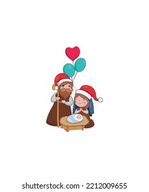  A vector illustration of Christmas concept of the birth of Jesus Christ with joseph and Mary isolated on white background. Perfect for coloring book, textiles, icon, web, painting, books. 