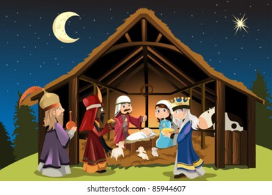 A vector illustration of Christmas concept of the birth of Jesus Christ with Joseph and Mary accompanied by the three wise men