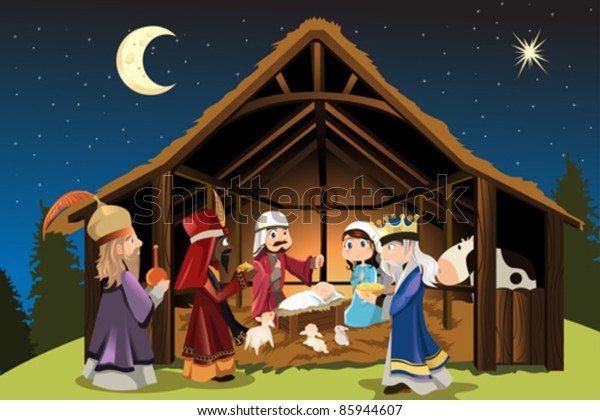 3人の賢者を伴うヨセフとメアリーと共にイエス キリストが生まれたというクリスマス コンセプトのベクターイラスト のベクター画像素材 ロイヤリティフリー
