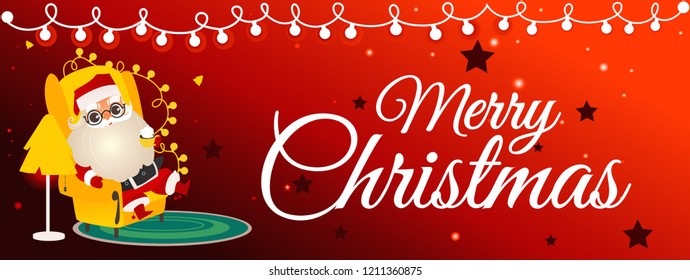 Vector illustration of Christmas congratulation horizontal banner with cartoon Santa Claus sitting in armchair at home and drinking hot beverage on red background with decorative holiday lights.