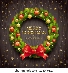 Vector illustration - Christmas coniferous wreath on a wooden background